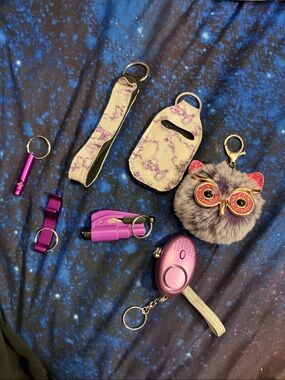 Kids Pink/Purple Owl Pom Keychain & Safety Accessories Set